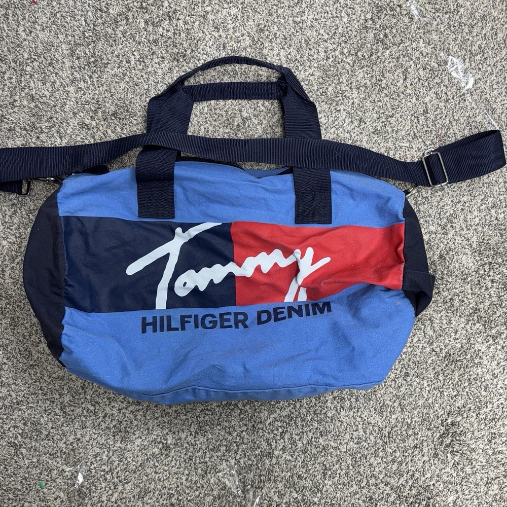 Vintage Tommy Hilfiger Duffel Bag Red Flag Logo Large Denim 90s Gym Travel